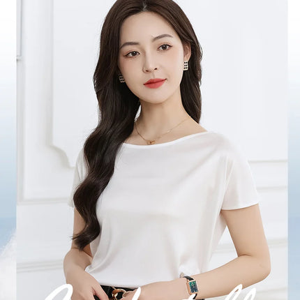 Summer women's short sleeved acetate fabric high-end knitted women's T-shirt thin European style hot selling women's T-shirt