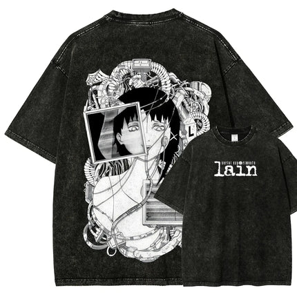 Classic Retro Anime Serial Experiments Lain Graphic Print T-shirt Loose Casual Oversize Vintage Washed Cotton Tee Streetwear Top