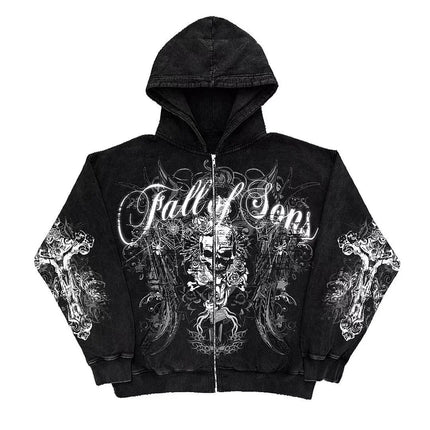 90s Tapout Gothic Zip Up Hoodies Skull Cross Wings Graphic Print Dark Streetwear Black Hooded Sweatshirts Unisex Autumn Tops