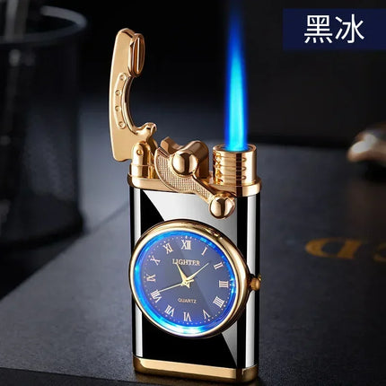 New Quartz Watch Windproof Lighter Metal Blue Light Rocker Arm Butane Jet Flame Torch Lighter Smoking Men's Gift Ignition Tools