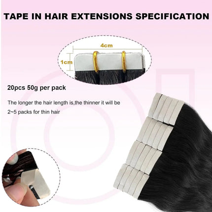 Straight Tape In Hair Extensions Natural Black 26 Inch Adhesive Invisible Brazilian Remy 100% Human Hair Tape ins 50G/20Pcs/Pack