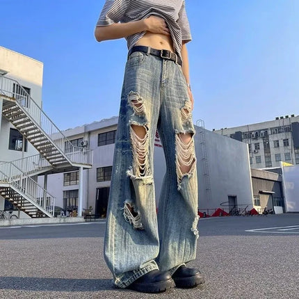 Vintage Distressed Wide Leg Men Jeans Korean High Waist Slim Loose Hanging Straight Long Man Pants Summer