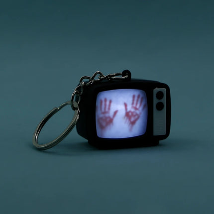 Retro TV Shaped Keychain with Light & Sound Horror Handprint Projection Spooky Halloween Pendant for Bag Charm Key Ring Chain