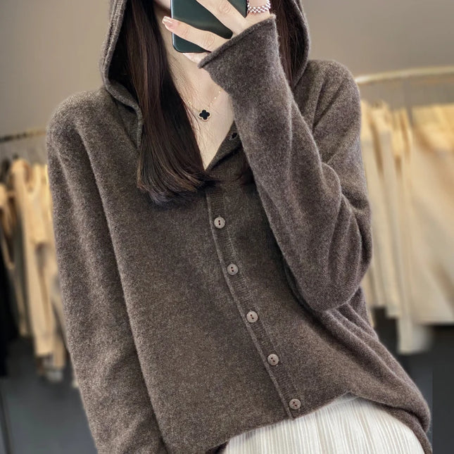 Women's Seamless Wool Hooded Cardigan Women's Autumn And Winter Loose Relaxed Long Sleeve Cashmere Knitted Large Top