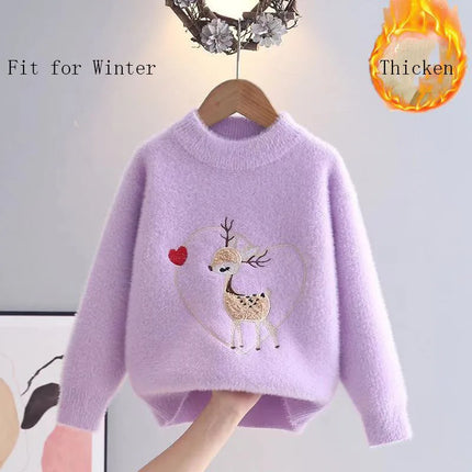 Fashion Embroidered Cute Deer Kids Sweater Girls Knit Pullover Princess Soft Cozy O-Neck Heart-shape Autumn Winter Tops HY12161