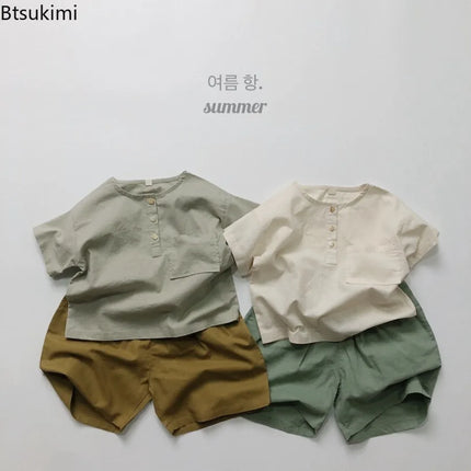 Retro Breathable Polo Shirt Korean Style Children's Summer Cotton and Linen Round Neck T-shirt Boys Girls Simple and Loose Top