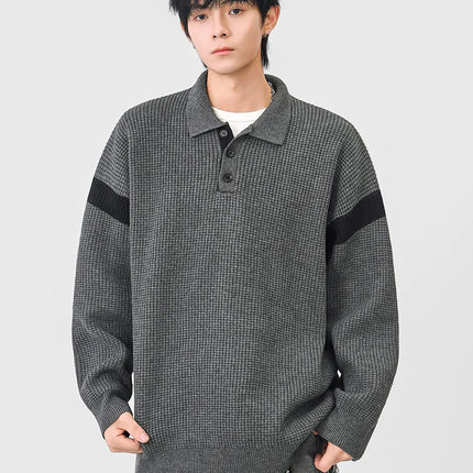 Autumn Winter Polo-Style Colour-Block Knit Sweater Men Effortlessly Stylish Relaxed Fit Loose Collar Top Warm Cosy