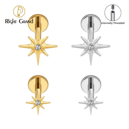 Right Grand ASTM F136 Titanium CZ North Star Flat Back Earring 16G Tiny Starburst Helix Cartilage Stud Earlobe Piercing Jewelry