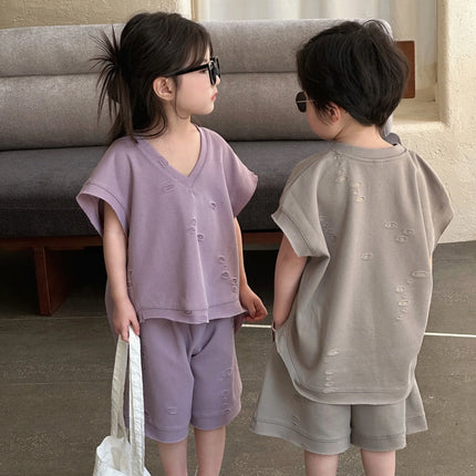 RAISE Summer Brother Sister Clothes Muslin Hollow V-collar Kids Boy Short Sleeve Top Suit Loose Solid Straight Shorts Tracksuits