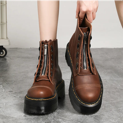 Women Boots Genuine Leather Platform Boots Motorcycle Shoes Front Zipper Optical Soles Fashion Sexy Punk Luxury Men Winter Boots