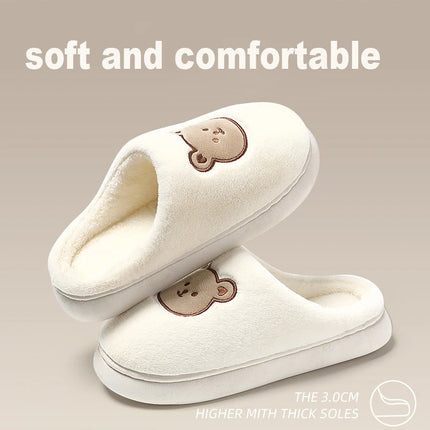 Cute Bear Cotton Slippers for Women Winter Indoor Non-slip Slides Plush Warm Men Home Sandals Flat Shoe Couples Flip Flops