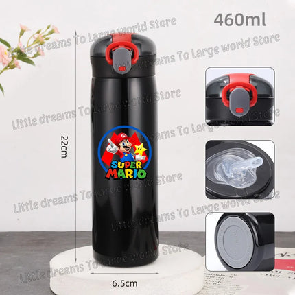 Super Marios Bros 460ml Thermal Cup Men Women Anime Black Straw Bottle Bouncing Lid Portable 304 Stainless Steel Thermo Bottles