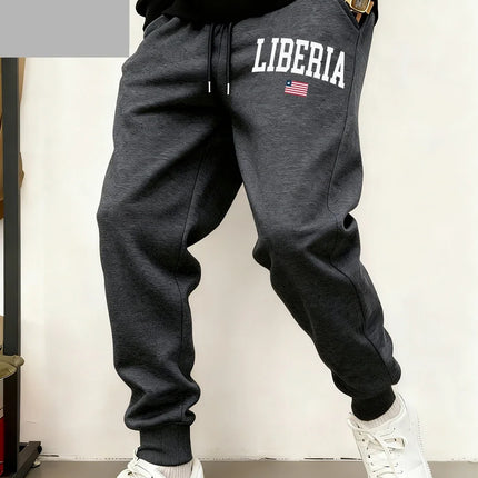 Liberia Flag Letter Printed Sweatpants Mens Basics Fleece Warm Jogger Pants Casual Pocket Trousers Winter Loose Male Clothes