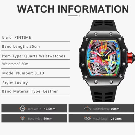 Luxury Watch Men Wrist Watches Tonneau Multifunction Graffiti Dial Auto Date Waterproof Sports Casual Clock Men Quartz Watches
