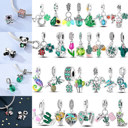 New 925 Sterling Silver Cactus Four Leaf Clover Charm Spring Green Series Bead Pendant For Original Beads Bracelet DIY Jewelry