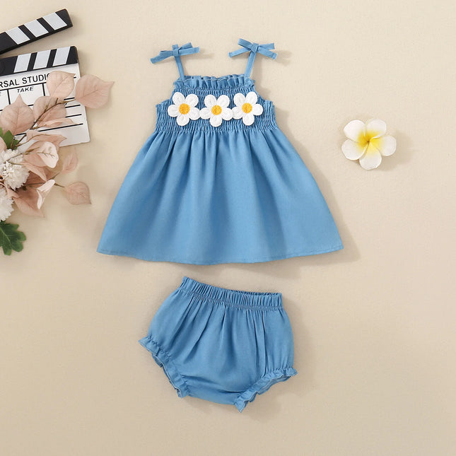 Summer Infant Girl's Blue Floral Embroidery Sleeveless Short Skirt And Triangle Shorts Two-Piece Set Cute And Sweet