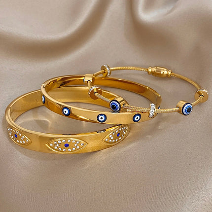 New Turkish Evil Eyes Rhinestones Stainless Steel Cuff Bracelet Bangle For Women Fashion Gold-plated Waterproof Charms Jewelry