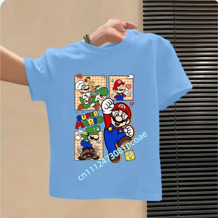 2026 New Summer Cotton T-shirt Super Mario Cartoon T-shirt Men's and Women's Fashion Top Children's Role Playing Short Sleeve
