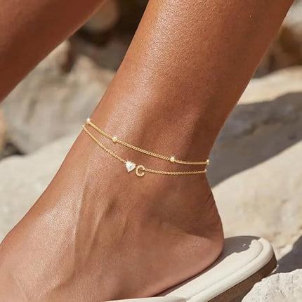 Trend Exquisite Gold Color Stainless Steel Inlay Zircon Heart 26 Letters Ankle Chain for Women Summer Beach Charm Jewelry Gifts