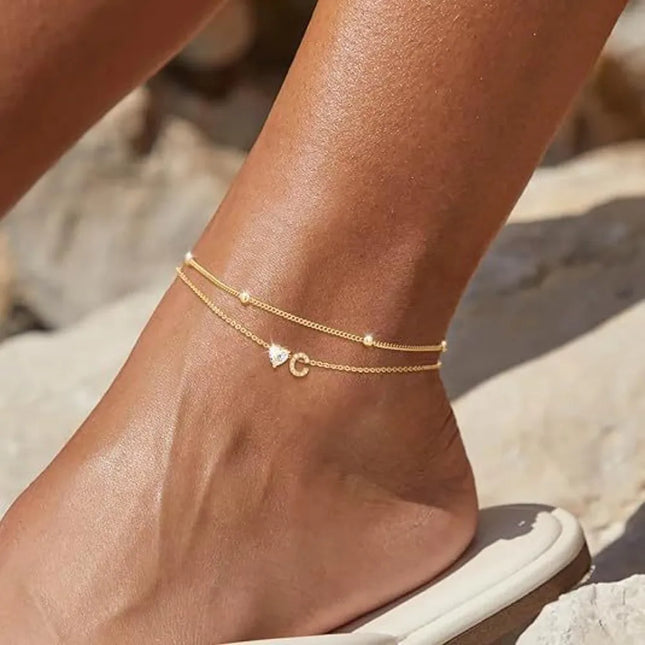 Trend Exquisite Gold Color Stainless Steel Inlay Zircon Heart 26 Letters Ankle Chain for Women Summer Beach Charm Jewelry Gifts