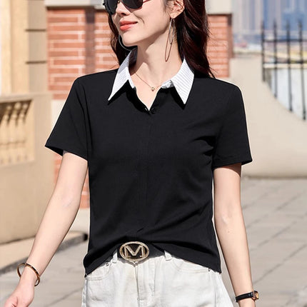 Korean striped short sleeved T-shirt for women's summer new high-end cotton patchwork lapel shirt, polo shirt, casual top