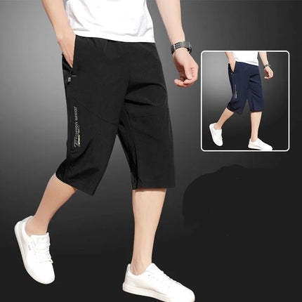 2025 New Men's Seven point Ice Silk Zipper Pocket Casual Pants Breathable Elastic Fabric Slimming Version Summer Outdoor Vacatio