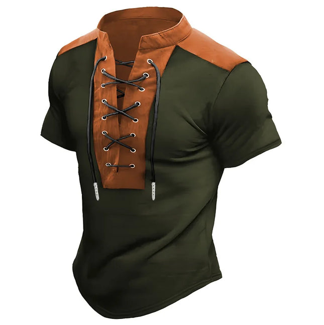 Vintage T-Shirt Drawstring Stand Collar Polo Shirts Summer Men Casual Short Sleeve Tops For Mens Retro Patchwork Polo T-Shirts