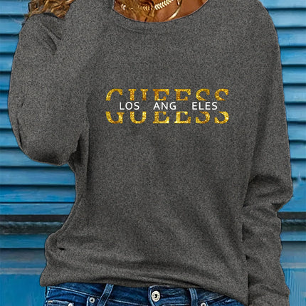 Spring and Autumn Women's 100% Cotton Fashion Casual Loose Los Angeles Letter Pattern Printed Long Sleeve Round Neck T-shirt