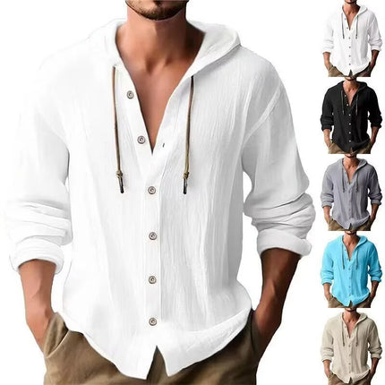 Summer Hot Sale Beach Style Shirts Men's Long-Sleeved With Hood Cotton Linen Solid Color Casual Versatile Collar Shirt Male Top
