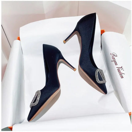2025 New Women's Slim High-Heeled Pointed Toe Pumps with Rhinestone Buckle - Sexy Shallow-Cut Single Shoes
