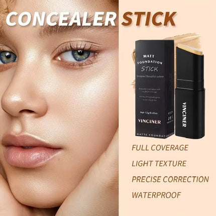VINCINER Matte Stick Foundation Cream Long-Wear Waterproof Covers Dark Circles Full Coverage Concealer Stick for Base Makeup