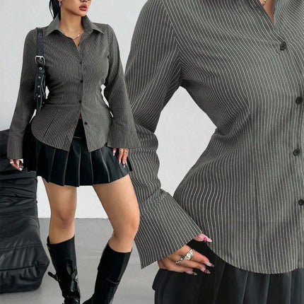 Plus Size College Stripe Slim Long Sleeve Shirt Fashion Graduation Season Long Sleeve Shirt Collar 2025 New
