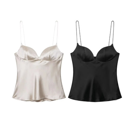 Autumn Satin Textured Black Sling Tops Women Elegant V-neck Backless Tops Shirt Women Sexy Tops Club Party Tanks 2025 New