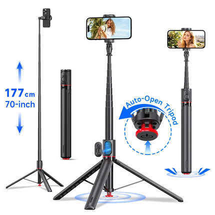 Auto Pop-Up Tripod Portable 70-Inch All-in-one Selfie Stick, Foldable Phone Holder with Bluetooth Remote for iPhone Android