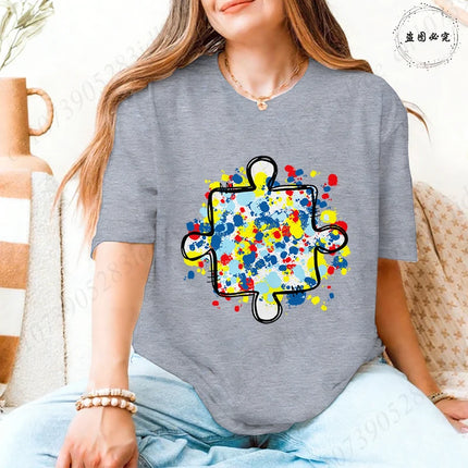 2026 Trendy Women's Autism Awareness T-shirts Creative Colorful Splatter Puzzle Graphic Female Clothing Short Sleeve Casual Tees