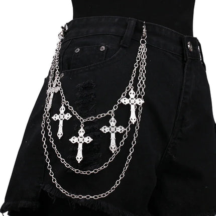 Punk Metal Cross Star Layered Chain Keychain For Women Men Waist Key Chain Wallet Jeans Hip-hop Pants Harajuku Belt Jewelry Gift