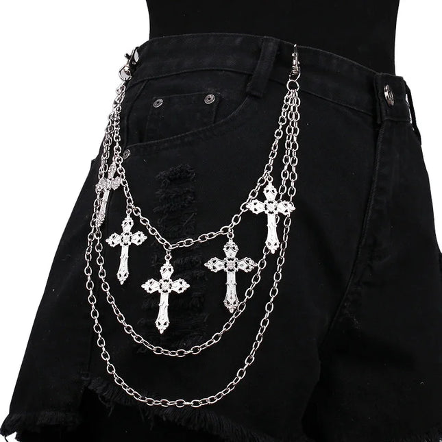 Punk Metal Cross Star Layered Chain Keychain For Women Men Waist Key Chain Wallet Jeans Hip-hop Pants Harajuku Belt Jewelry Gift