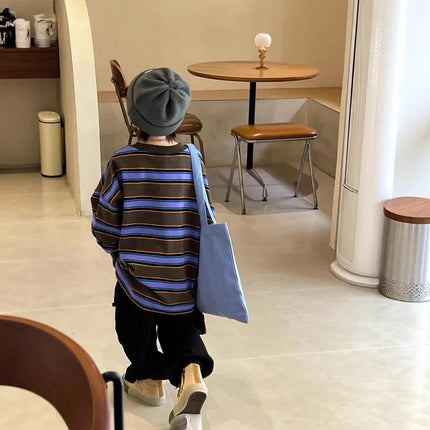 Boys Long Sleeved T-shirt for Spring and Autumn Korean Version Loose Casual Striped Top Mid Size Childrens Autumn Outfit