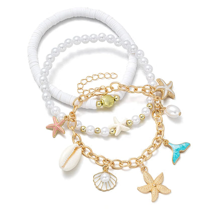 3 pieces of beach style alloy starfish shell tassel multi-layer layered soft ceramic imitation pearl women's ankle chain