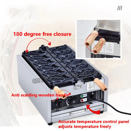 220V/110V Fish Shape With Close Mouth Taiyaki Maker Commercial Fish Shaped Waffle Electric Taiyaki Machine