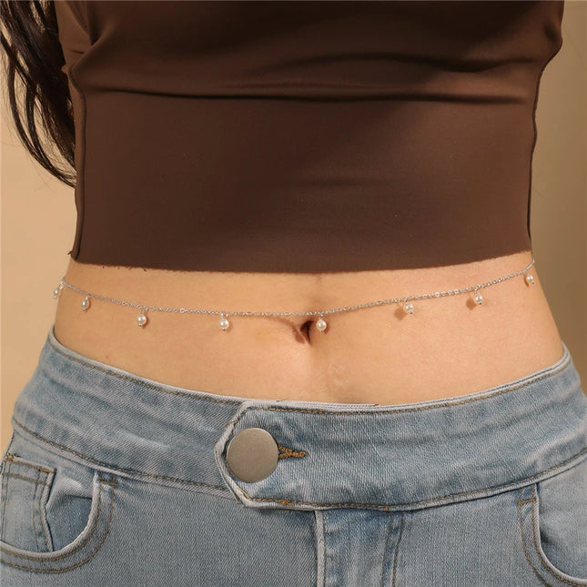 Sexy Vintage Aesthetic Pearl Pendant Belly Chain Link Body Chain Waist Chain Belt Streetwear Summer Women Fashion Body Jewelry