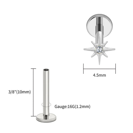 Right Grand ASTM F136 Titanium CZ North Star Flat Back Earring 16G Tiny Starburst Helix Cartilage Stud Earlobe Piercing Jewelry