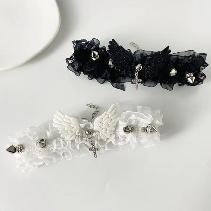 Sexy Black White Lace Lolita Choker Goth Crystal Cross Pendant Angel Wings Rivet Necklace for Women Charm Party Jewelry Gift