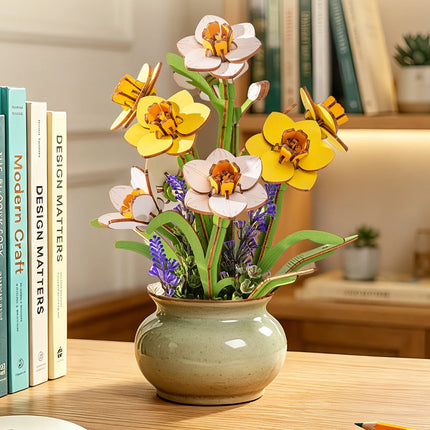 Rolife Artificial Flower Wooden 3D Puzzle Narcissus DIY Flower Bouquet Model Building Kit for Home Decor Mother's Day Valentine's Day Gifts
