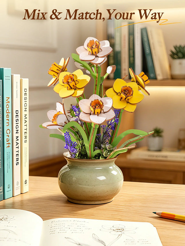 Rolife Artificial Flower Wooden 3D Puzzle Narcissus DIY Flower Bouquet Model Building Kit for Home Decor Mother's Day Valentine's Day Gifts