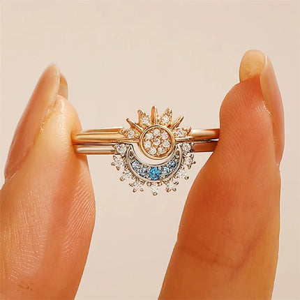FTCY Adjustable Sparkling Moon Sun Star Ring for Women Couple Elegant Finger Ring Wedding Party Jewelry Gifts Accessories