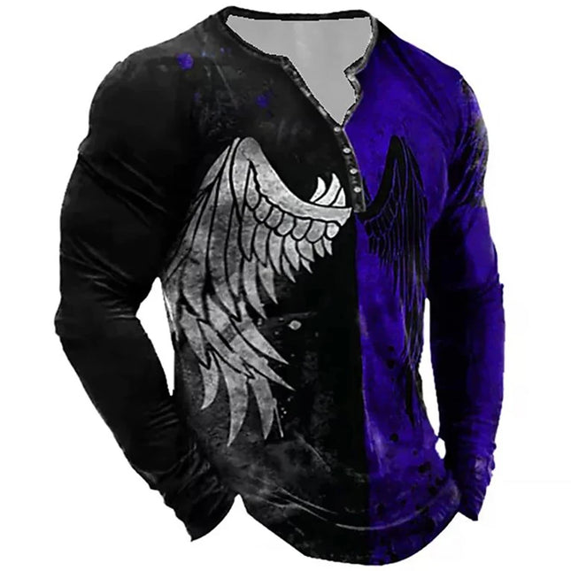 Men's Vintage T-shirt, Cotton Imitation T-shirt, Geometric Lines, Print, Henley Long-sleeved T-shirt, Top, Men's T-shirt, Casual