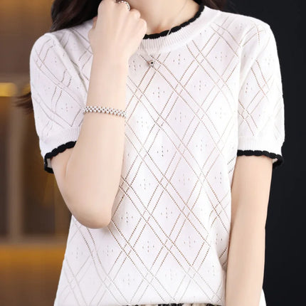 Summer New 100% Cotton Women's T-shirt Casual Solid Color Hollow Out Knit Pullover Short Sleeved Casual Fashion Round Neck Tees