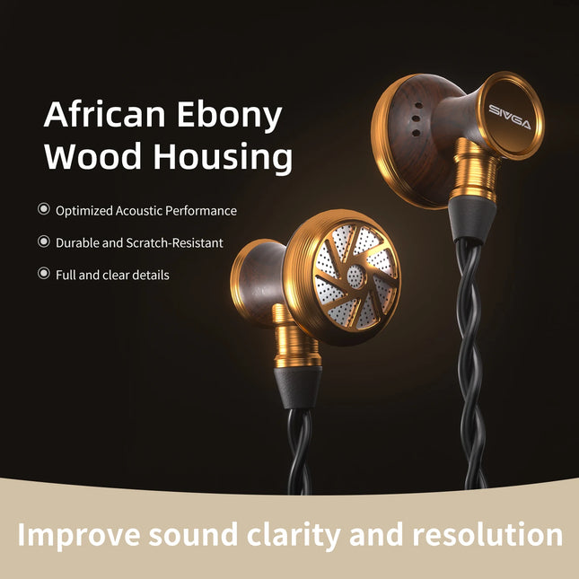 SIVGA M300 15.4mm Large Dynamic Driver HiFi Wired Flat-Head Earbuds High-Fidelity In-Ear Earphones Ebony Wood