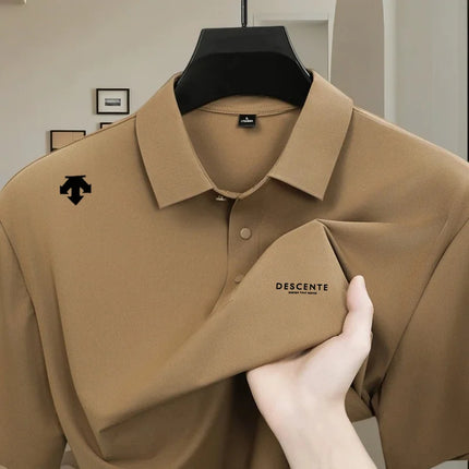 High quality ice silk polo shirt short sleeved men's sports brand printed top 2026 summer new cool and breathable casual T-shirt